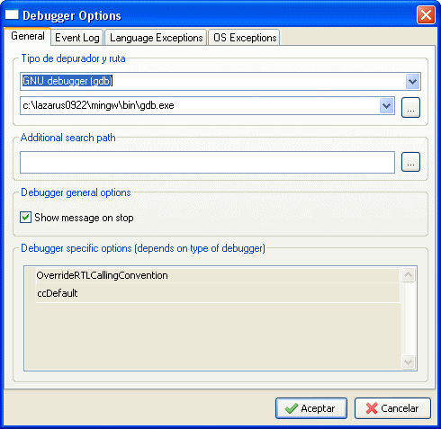 Lazarus IDE Opciones Depurador General.png